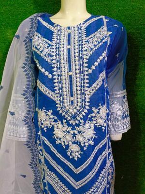 3 Pcs Women's Stitched Organza Embroidered Suit