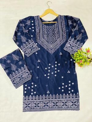 2 Pcs Women's Stitched Linen Printed Suit