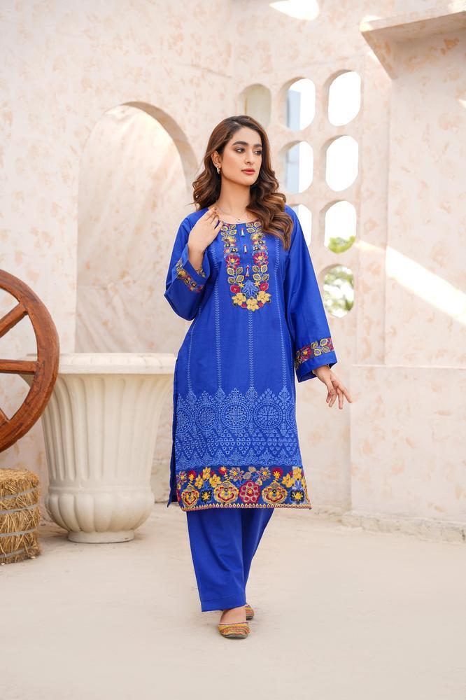 2 Pcs Women's Stitched Cotton Lawn Embroidered Shirt And Trouser