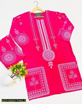 2 Pcs Women's Stitched Lawn Printed Shirt And Trouser