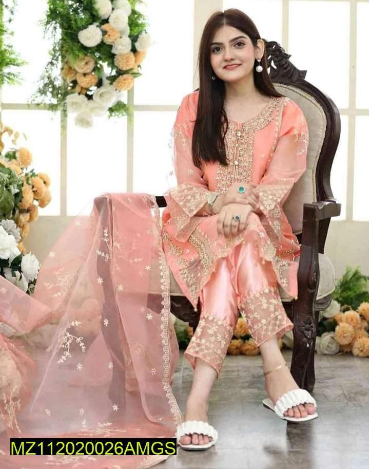 3 Pcs Women's Stitched Organza Embroidered Suit