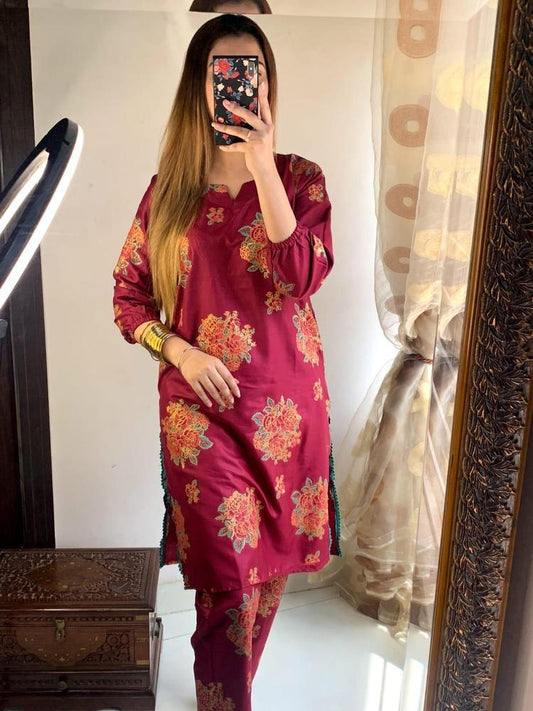 2 Pcs Women's Stitched Arabic Lawn Printed Shirt And Trouser