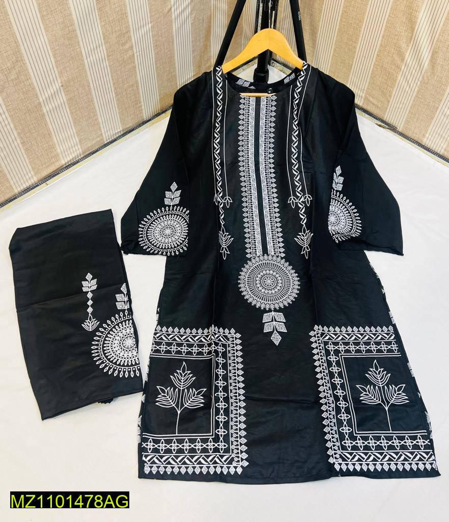 2 Pcs Block Printed Linen Stitched Suit