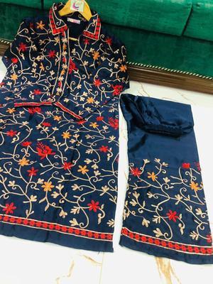 2 Pcs Women's Stitched Katan Silk Embroidered Shirt And Trouser