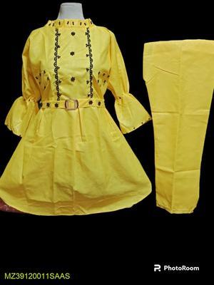 2 Pcs Women's Stitched Cotton Plain Frock - Yellow