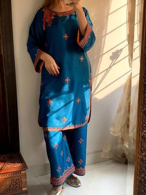 2 Pcs Women's Stitched Lawn Embroidered Shirt And Trouser - Blue