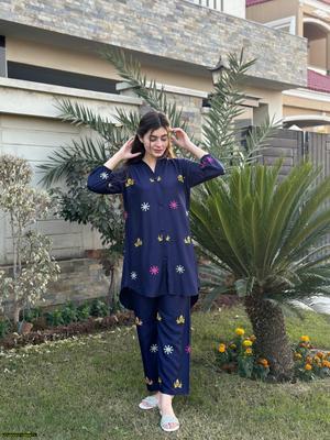 2 Pcs Women's Stitched Lawn Embroidered Shirt And Trouser