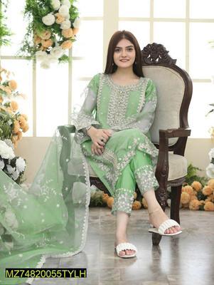 3 Pcs Women's Stitched Organza Embroidered Suit