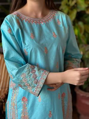 2 Pcs Women's Stitched Soft Cotton Embroidered Shirt And Trouser