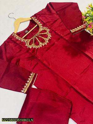 2 Pcs Women's Stitched Katan Silk Embroidered Suit