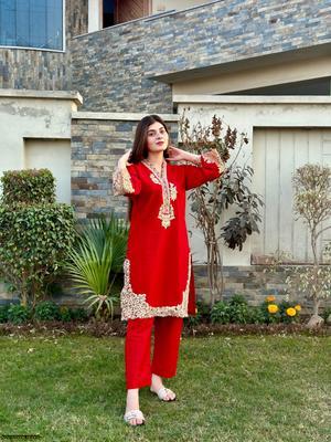 2 Pcs Women's Stitched Cotton Embroidered Shirt And Trouser