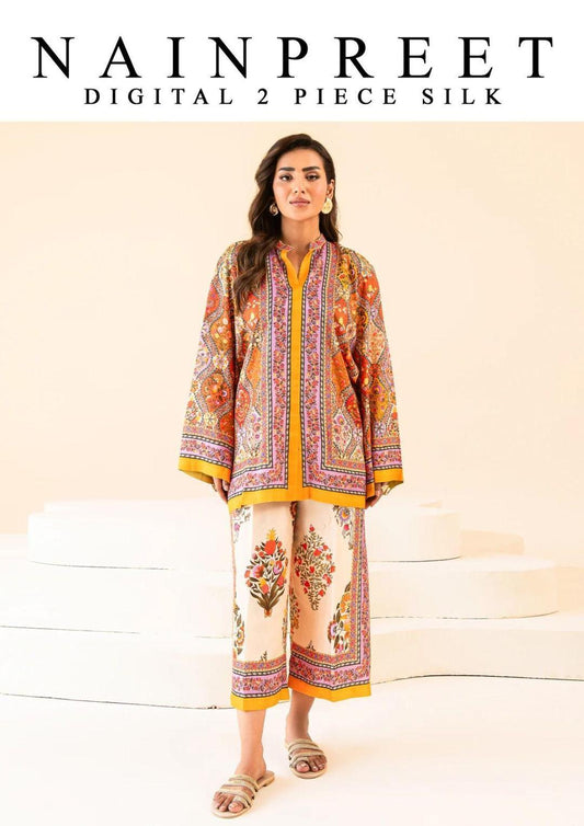 2 Pcs Women's Stitched Silk Digital Print Shirt And Trouser