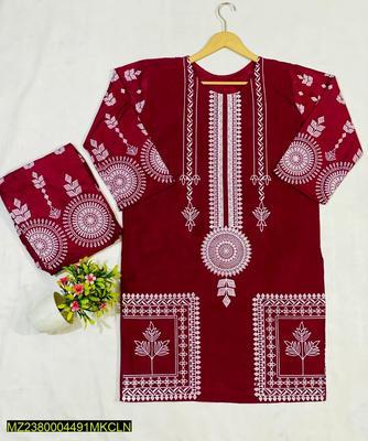 2 Pcs Women's Stitched Lawn Embroidered Shirt And Trouser