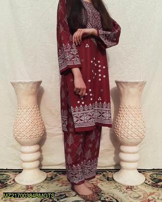 2 Pcs Women's Stitched Linen Printed Suit