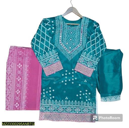 3 Pcs Women's Stitched Katan Silk Embroidered Suit