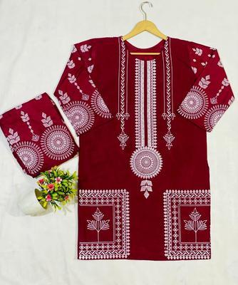 2 Pcs Women's Stitched Lawn Embroidered Shirt And Trouser