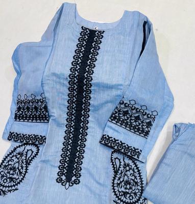 2 Pcs Women's Stitched Paper Cotton Embroidered Shirt And Trouser