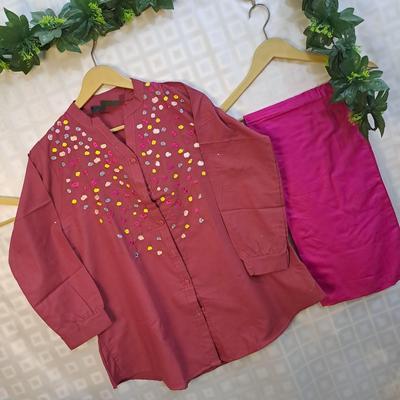 2 Pcs Women's Stitched Cotton Embroidered Shirt And Trouser