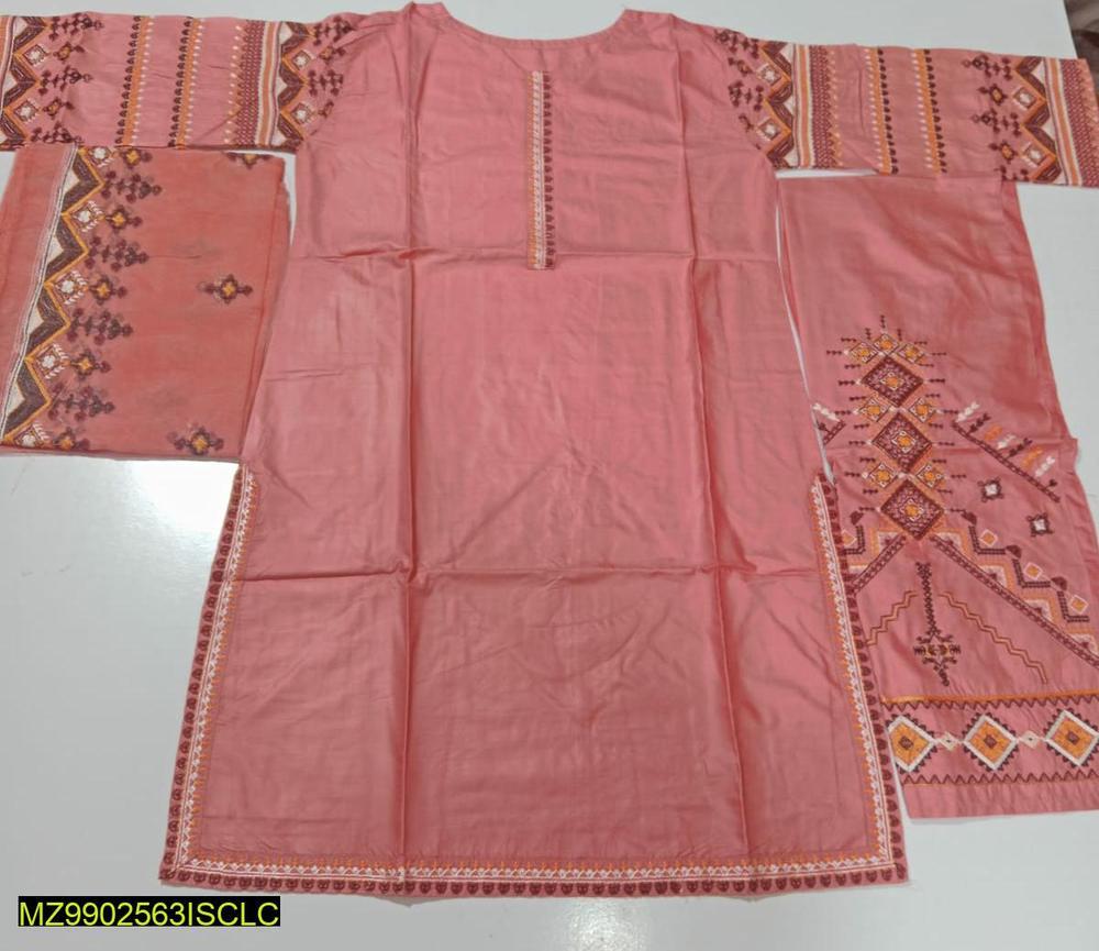 3 Pcs Women's Stitched Linen Embroidered Suit