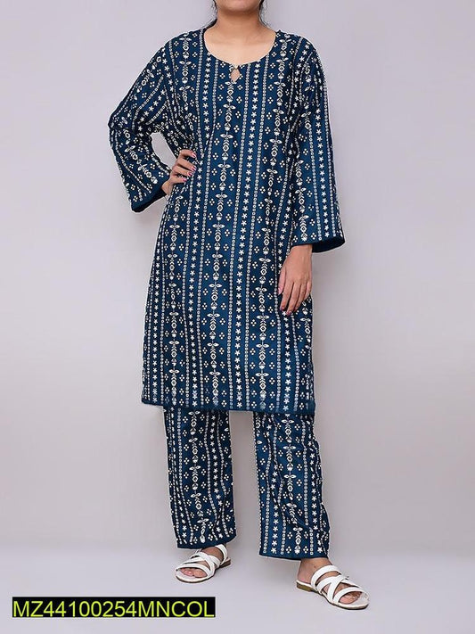 2 Pcs Women's Stitched Linen Printed Suit