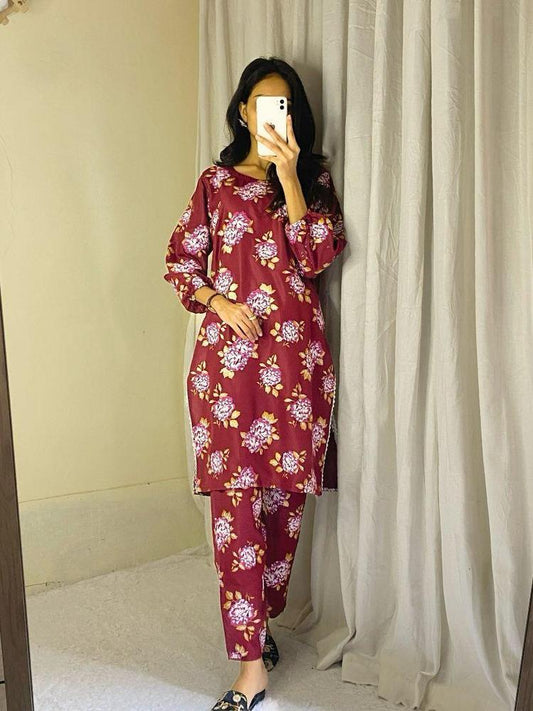 2 Pcs Women's Stitched Linen Printed Suit