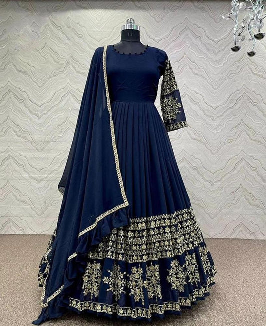 3 Pcs Women's Stitched Shamoz Silk Embroidered Maxi - Navy Blue