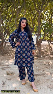 2 Pcs Women's Stitched Arabic Linen Printed Shirt And Trouser