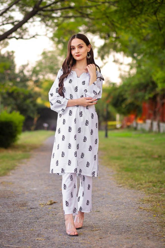 2 Pcs Women's Stitched Linen Block Print Suit