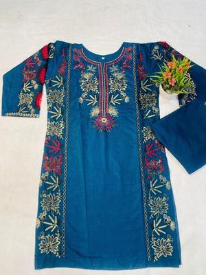 2 Pcs Women's Stitched Cotton Embroidered Shirt And Trouser