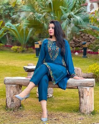 2 Pcs Women's Stitched Lawn Embroidered Shirt And Trouser