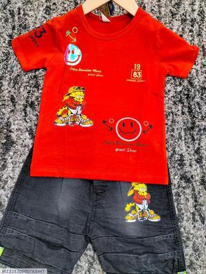 2 Pcs Boy's Cotton Printed Knicker And Shirt Set