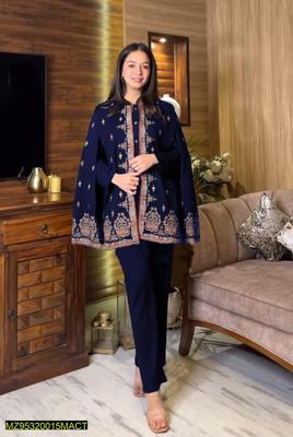 2 Pcs Women's Stitched Katan Silk Embroidered Short Cardigan Gown