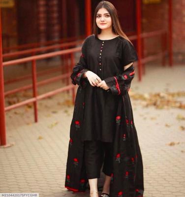 3 Pcs Women's Stitched Katan Silk Embroidered Gown Suit