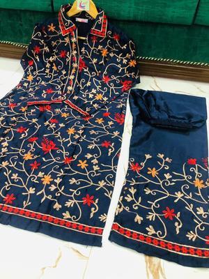 2 Pcs Women's Stitched Katan Silk Embroidered Shirt And Trouser