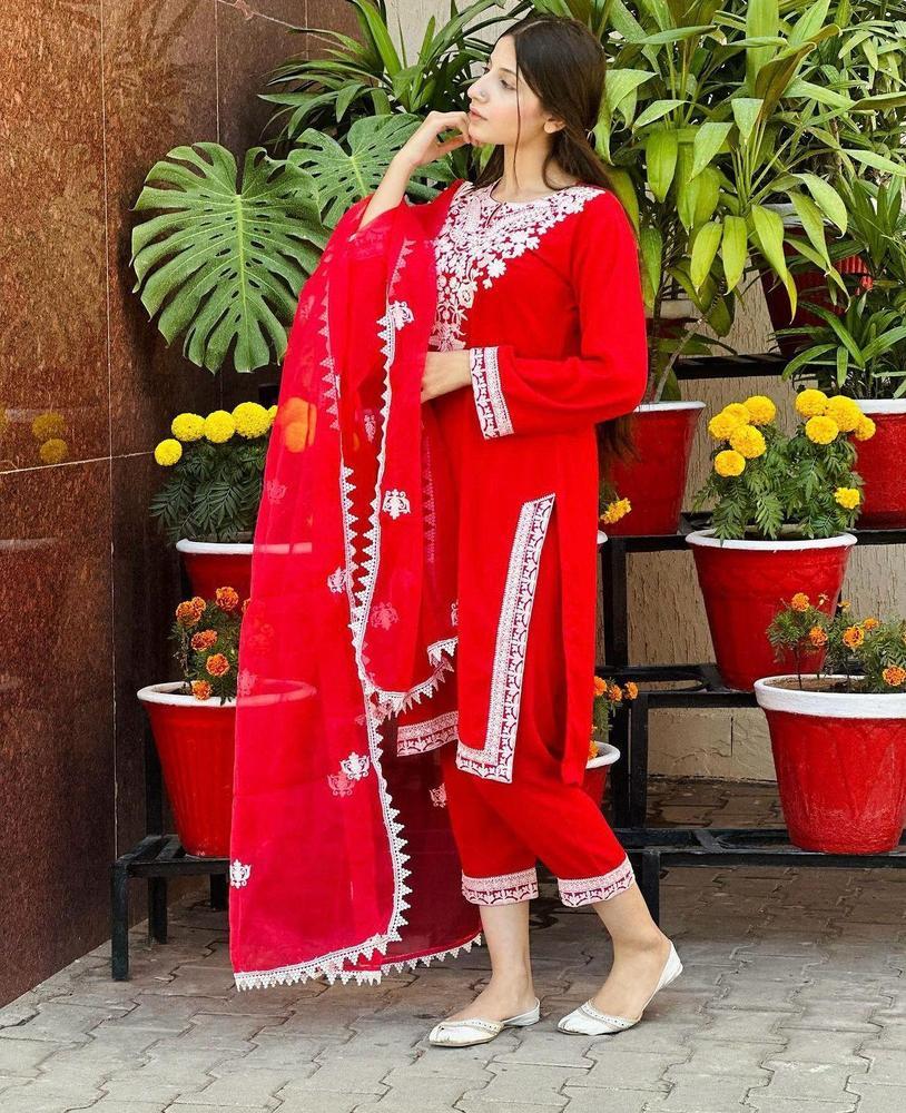 3 Pcs Women's Stitched Organza Embroidered Suit