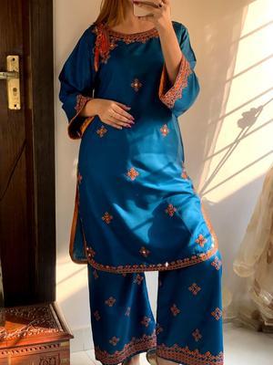 2 Pcs Women's Stitched Lawn Embroidered Shirt And Trouser - Blue