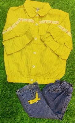 2 Pcs Girl's Cotton Lawn Embroidered Shirt And Denim Jeans Set