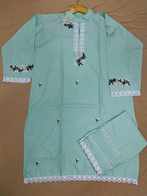 2 Pcs Women's Stitched Cotton Embroidered Shirt And Trouser