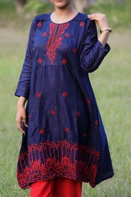 2 Pcs Women's Stitched Cotton Embroidered Shirt And Trouser