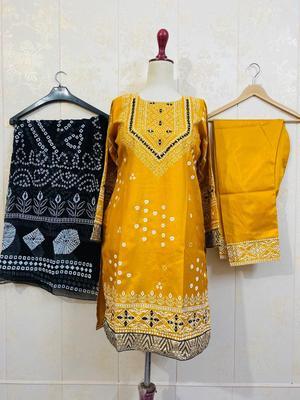 3 Pcs Women's Stitched Katan Silk Mirror Work Suit