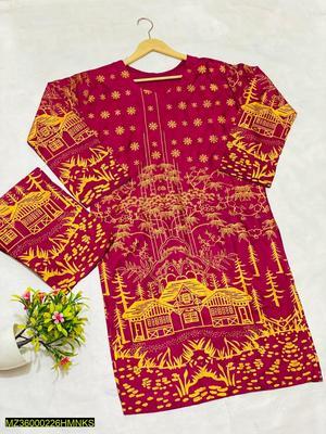 2 Pcs Women's Stitched Linen Printed Suit