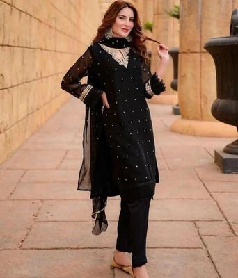 3 Pcs Women's Stitched Chiffon Embroidered Suit