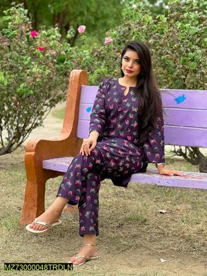 2 Pcs Women's Stitched Linen Printed Suit