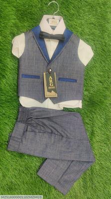 3 Pcs Boy's Stitched Cotton Plain Tuxedo Suit