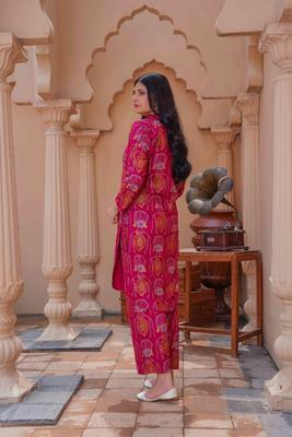 2 Pcs Women's Stitched Linen Block Printed Shirt And Trouser