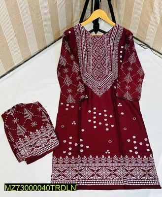 2 Pcs Women's Stitched Linen Printed Suit