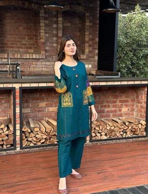 2 Pcs Women's Stitched Cotton Embroidered Frock And Trouser