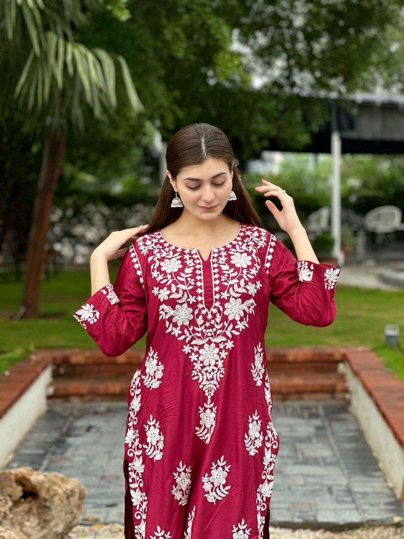 2 Pcs Women's Stitched Cotton Embroidered Shirt And Trouser