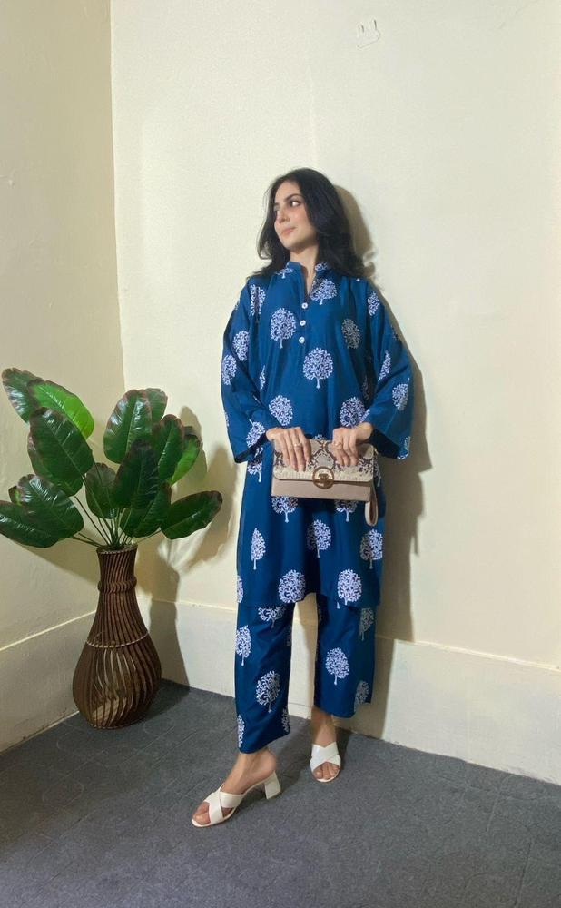 2 Pcs Women's Stitched Linen Printed Suit