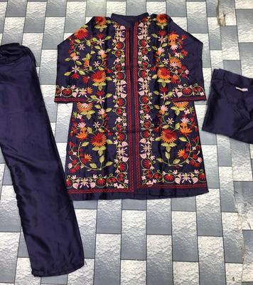 3 Pcs Women's Stitched Katan Silk Embroidered Gown Suit